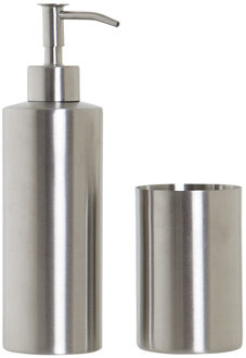 Items Badkamerset met zeeppompje en tandenborstel beker zilver RVS 21 cm