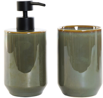 Items Badkamerset - zeeppompje en tandenborstel beker - groen - 17 cm - keramiek