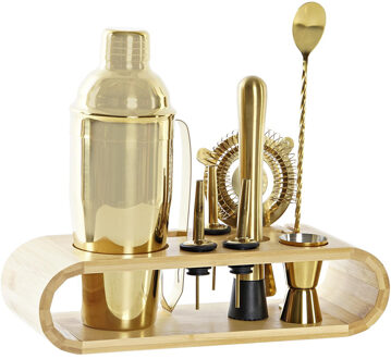 Items cocktailset 9-delig met houten houder - 750 ml - RVS - goud - Cocktailshakers Goudkleurig