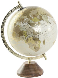 Items Deco Wereldbol/globe op voet - kunststof - beige/goud - home decoratie artikel - D20 x H30 cm - Wereldbollen