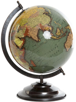 Items Deco Wereldbol/globe op voet - kunststof - beige/goud - home decoratie artikel - D20 x H30 cm - Wereldbollen