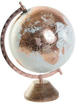 Items Deco Wereldbol/globe op voet - kunststof - blauw/rose goud - home decoratie artikel - D20 x H30 cm - Wereldbollen