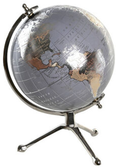 Items Deco Wereldbol/globe op voet - kunststof - blauw/zilver - home decoratie artikel - D20 x H30 cm - Wereldbollen