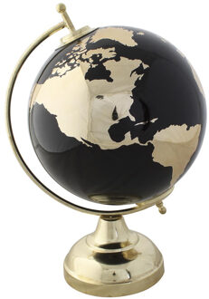 Items Deco Wereldbol/globe op voet - kunststof - zwart/goud - home decoratie artikel - D20 x H30 cm - Wereldbollen