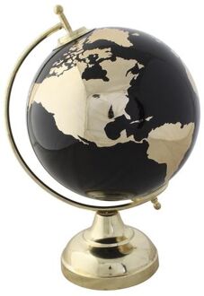 Items Deco Wereldbol/globe op voet - kunststof - zwart/goud - home decoratie artikel - D20 x H30 cm - Wereldbollen