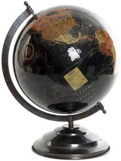 Items Deco Wereldbol/globe op voet - kunststof - zwart - home decoratie artikel - D25 x H35 cm - Wereldbollen