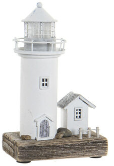 Items Decoratie Maritiem beeldje Vuurtoren met LED lampje - Hout - 13 x 30 cm - wit - Beeldjes