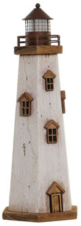 Items Decoratie Maritiem beeldje Vuurtoren met LED lampje - Hout - 16 x 41 cm - wit/hout - Beeldjes