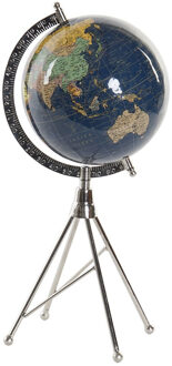 Items Decoratie wereldbol/globe donkerblauw op metalen voet 18 x 38 cm - Wereldbollen