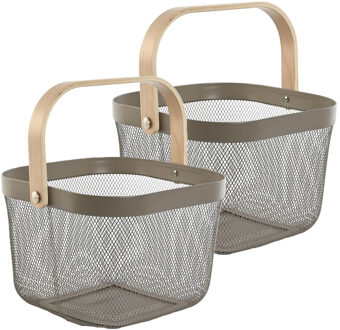 Items Draadmand/fruitschaal Maya - 2x - vierkant - grijs/beige - 26 x 26 x 18 cm - metaal/hout - keuken ma