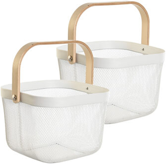 Items Draadmand/fruitschaal Maya - 2x - vierkant - wit/beige - 26 x 26 x 18 cm - metaal/hout - keuken mand
