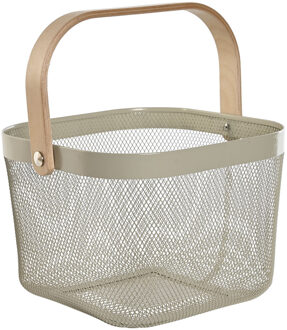 Items Draadmand/fruitschaal Maya - vierkant - taupe/beige - 26 x 26 x 18 cm - metaal/hout - keuken mand