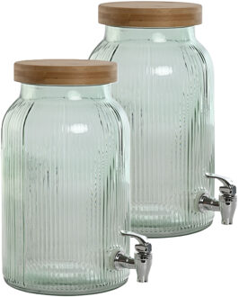 Items Drank dispenser Beverages Tap - 2x - 5.5 Liter - bewerkt glas/bamboe - tapkraan/deksel - Drankdispensers Transparant