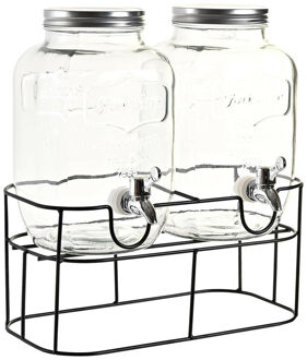 Items Drank dispensers - set van 2x stuks - 4 liter - glas - in houder met metalen kraantje - Drankdispensers Transparant