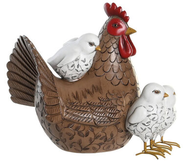 Items Home decoratie dieren/vogel beeldje - Kip met kuikens - 25 x 22 cm - binnen/buiten - bruin/wit - Beeldjes