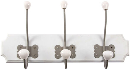 Items Kapstok rek voor wand/muur - wit - 3x dubbele ophanghaken - Hout/metaal - 40 x 21 cm