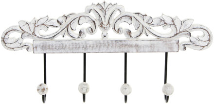 Items Kapstok rek voor wand/muur - wit - 4x ophanghaken/knoppen - Hout/metaal - 35 x 20 cm