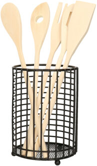 Items Keukengerei kooklepels spatels set 5-delig - bamboe - in zwart rvs houder van 17 cm