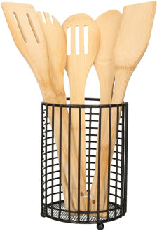 Items Keukengerei kooklepels spatels set 5-delig - bamboe - in zwart rvs houder van 17 cm