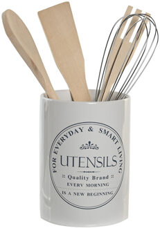 Items Keukengerei set in pot - 5-delig - wit - D10 x H14 cm - steengoed - hout