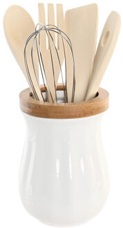 Items Keukengerei set in pot - 6-delig - wit - D11 x H16 cm - porselein - bamboe hout