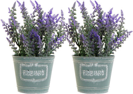 Items Kunstplant/bloem Lavendel - 2x - in bloempot - paarse bloemen - 14 x 27 cm