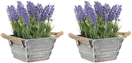 Items Kunstplant/bloem Lavendel - 2x - in bloempot - paarse bloemen - 15 x 20 cm