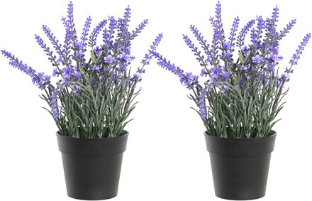 Items Kunstplant/bloem Lavendel - 2x - in bloempot - paarse bloemen - 15 x 27 cm