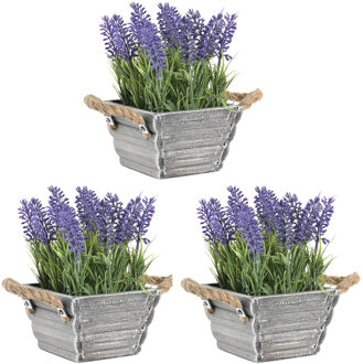 Items Kunstplant/bloem Lavendel - 3x - in bloempot - paarse bloemen - 15 x 20 cm