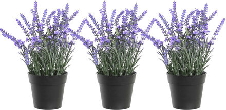 Items Kunstplant/bloem Lavendel - 3x - in bloempot - paarse bloemen - 15 x 27 cm