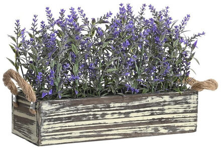 Items Lavendel bloemen kunstplant in houten bloempot - donkerpaarse bloemen - 30 x 12 x 21 cm