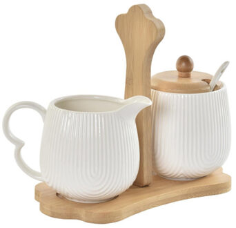 Items luxe Melk en Suikerpot Porselein/bamboe hout - wit - 20 x 11 cm - dispenser met lepel