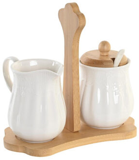 Items luxe Melk en Suikerpot Porselein/bamboe hout - wit - 20 x 11 cm