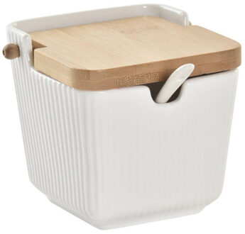 Items luxe Suikerpot Porselein/bamboe hout - wit - 9 x 10 cm - dispenser met lepel