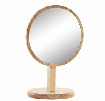 Items Make-up spiegel op standaard - rond - bamboe - 22 cm - Make-up spiegeltjes Beige