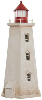 Items Maritieme decoraties beeldje Vuurtoren - Hout - 23 x 49 cm - wit/rood - met LED lampje