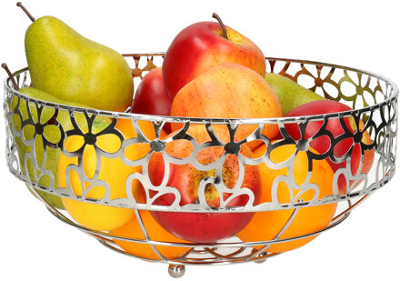 Items Metalen fruitschaal/fruitmand rond zilver met bloemenpatroon 28 x 28 cm - Fruitschalen Zilverkleurig