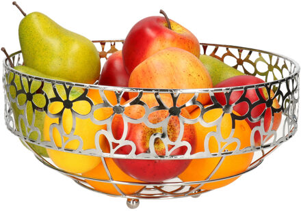 Items Metalen fruitschaal/fruitmand rond zilver met bloemenpatroon 28 x 28 cm