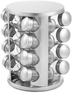 Items RVS inox kruidenrek/specerijenrek met 16 glazen potten 17 x 17 x 23 cm