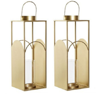 Items Set van 2x stuks metalen kaarsenhouders / lantaarns goud met glas 45 cm - Lantaarns