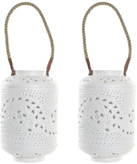 Items Set van 2x stuks metalen kaarsenhouders / lantaarns met touw wit 31 cm