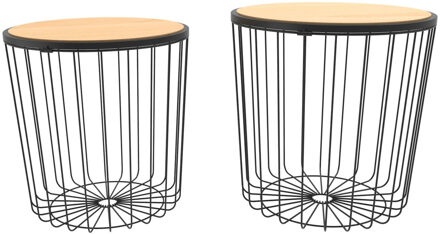 Items Set van 2x stuks plantenstandaards rond metaal/hout zwart 42 x 42 cm