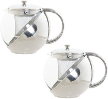 Items Set van 2x stuks theepotten van glas en RVS 1100 ml met filter/infuser en handvat