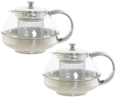 Items Set van 2x stuks theepotten van glas en RVS 600 ml met filter/infuser en handvat - Theepotten Transparant