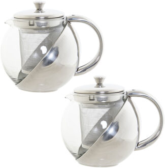 Items Set van 2x stuks theepotten van glas en RVS 600 ml met filter/infuser en handvat