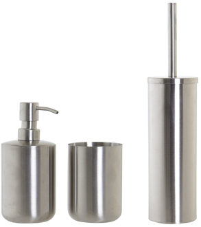 Items Toiletborstel houder zilver 39cm met zeeppompje 400 ml en beker metaal - Badkameraccessoireset Zilverkleurig