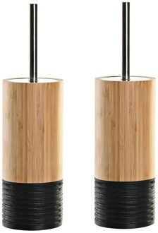 Items Toiletborstel in houder - 2x - bamboe hout - bruin zwart - 37 x 10 cm