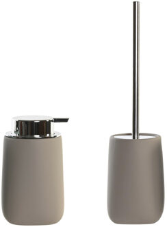 Items Toiletborstel in houder 41 cm met zeeppompje 14 cm taupe/beige - Badkameraccessoireset