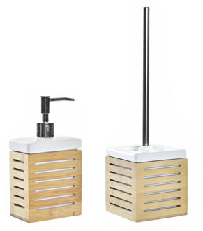 Items Toiletborstel met houder 37 cm en zeeppompje 300 ml bamboe/metaal - Badkameraccessoireset Bruin