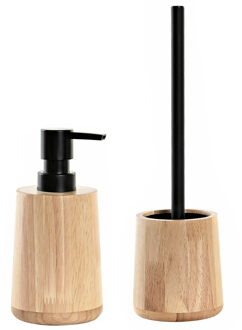 Items Toiletborstel met houder 38 cm en zeeppompje 290 ml bamboe/metaal - Badkameraccessoireset Bruin